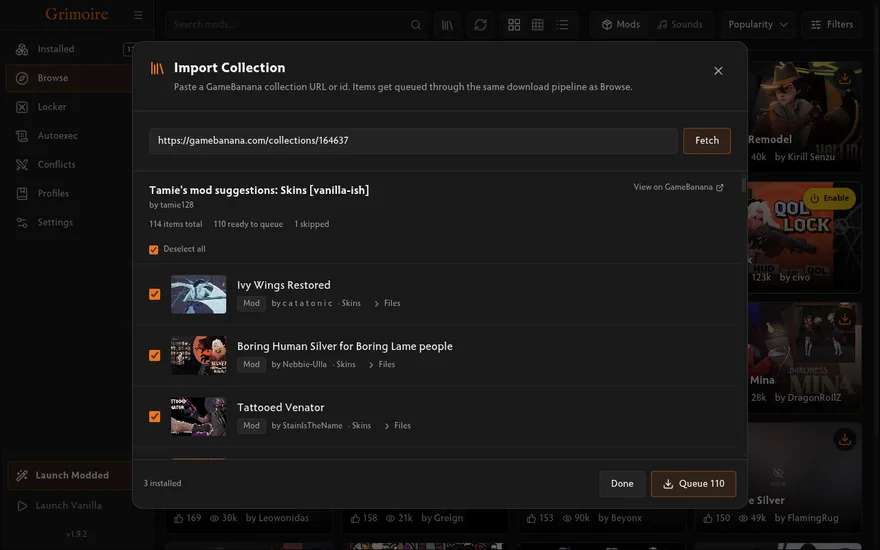 Grimoire GameBanana collection import dialog listing mods to install in bulk