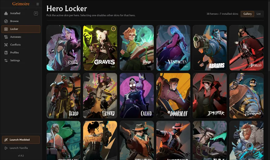 Grimoire Hero Locker: per-hero skin picker, one active skin per hero