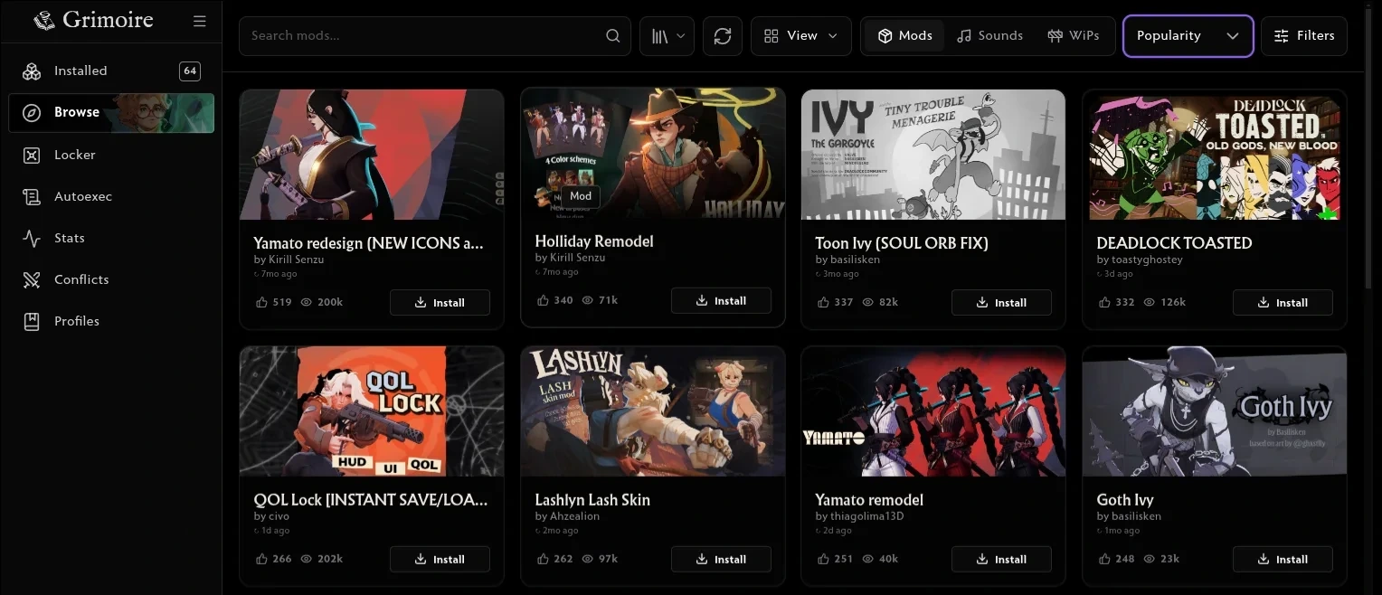 Browse view: mod cards with like and view counts and an Install button on each