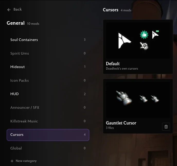 The General shelf: categories on the left, cursor sets on the right