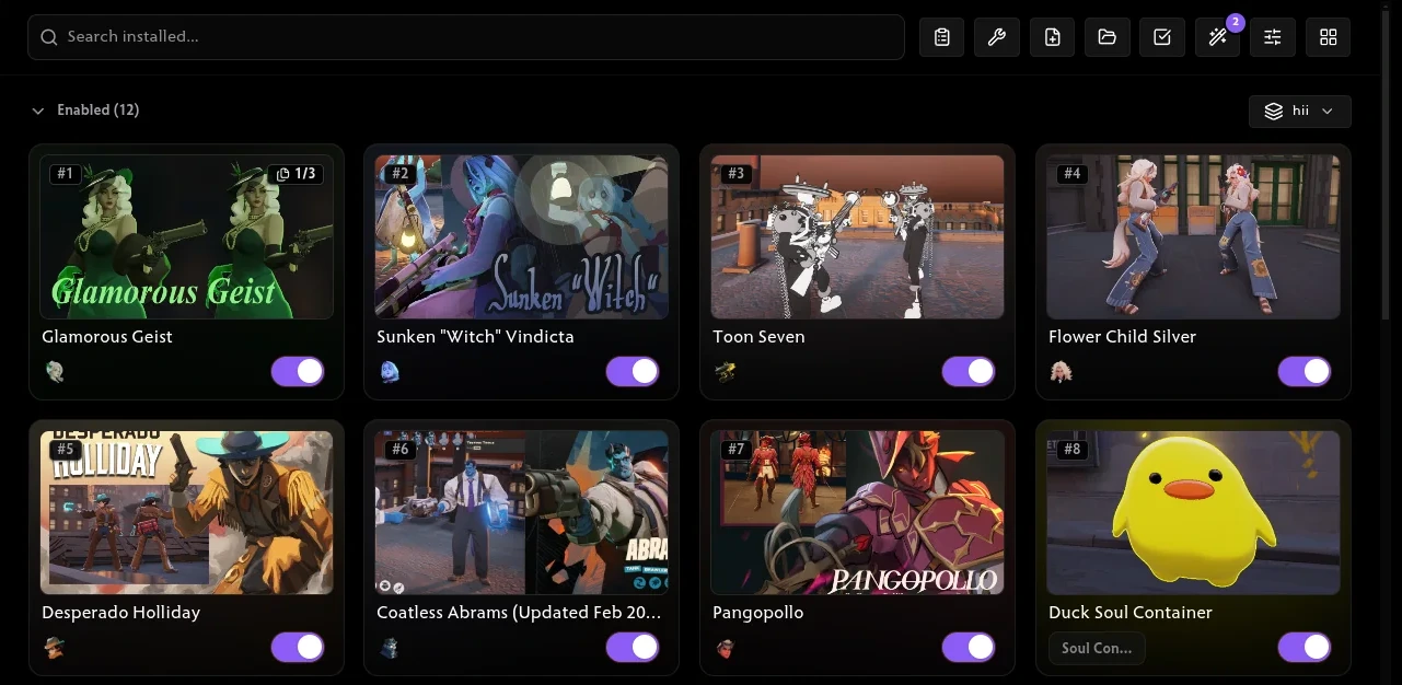 Installed view: enabled mods numbered in load order, each with a toggle
